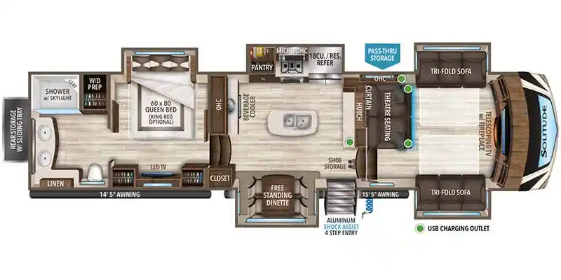 2021 Grand Design Solitude 385GK fifth wheel floorplan diagram — Triple C Camper Consignment